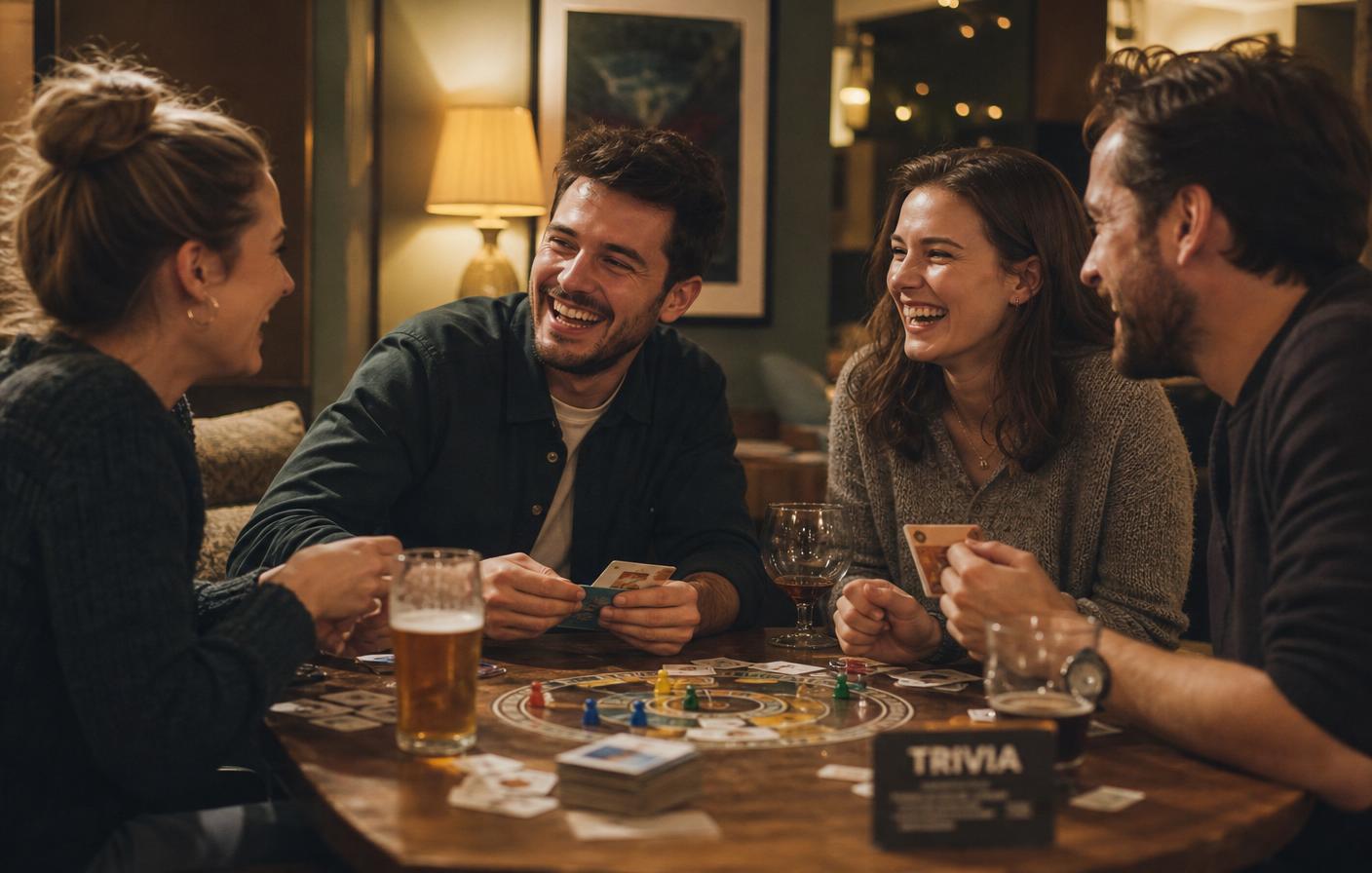 Friends laughing around a table of board games and trivia cards