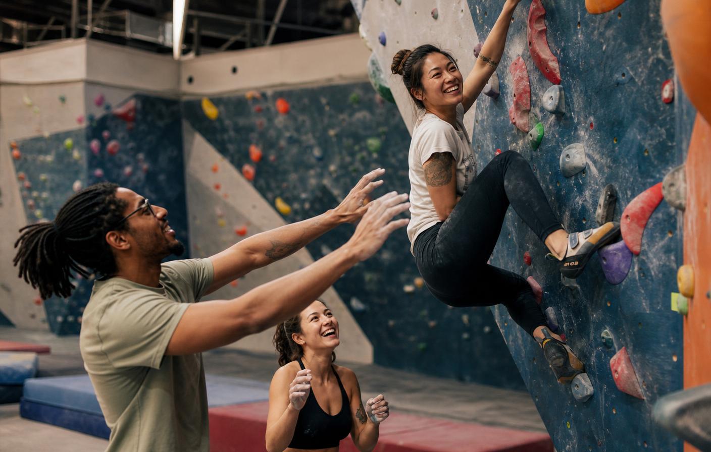 Friends cheering each other on at a bouldering wall