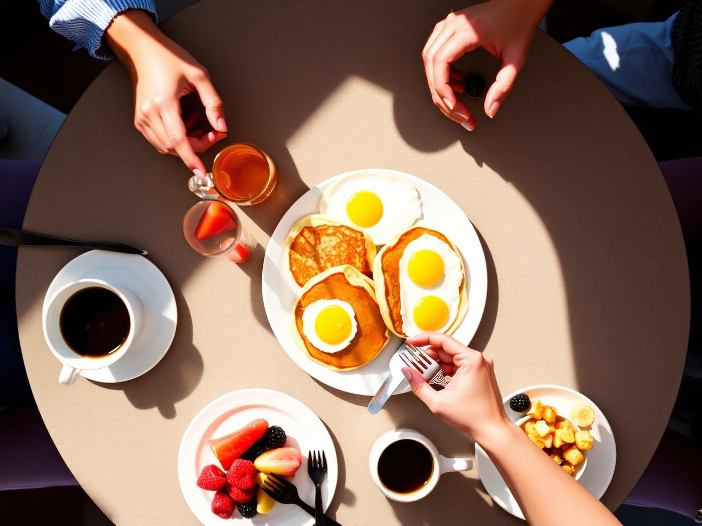 Small group sharing brunch at a sunny cafe