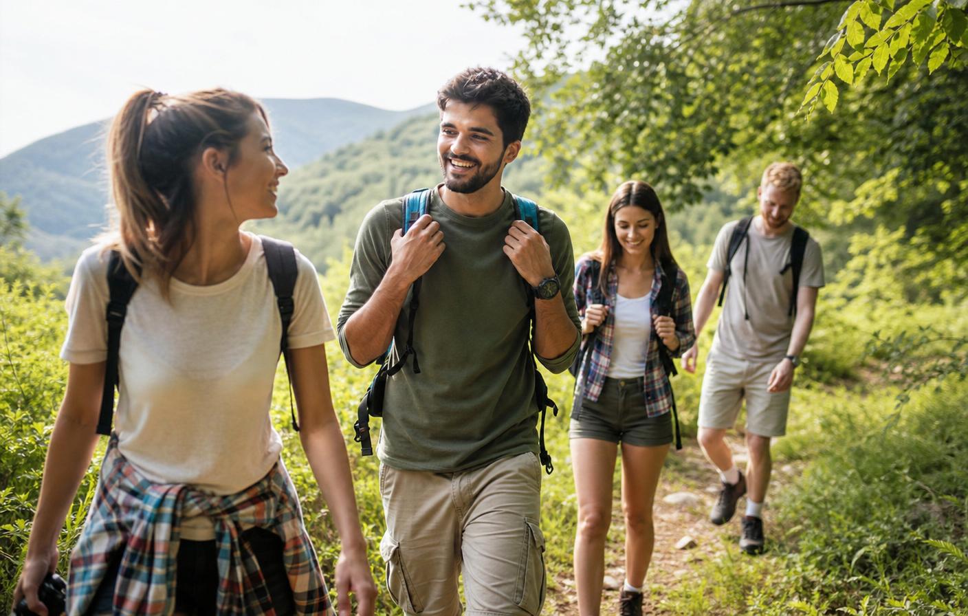 Small group hiking a leafy trail together in morning light
